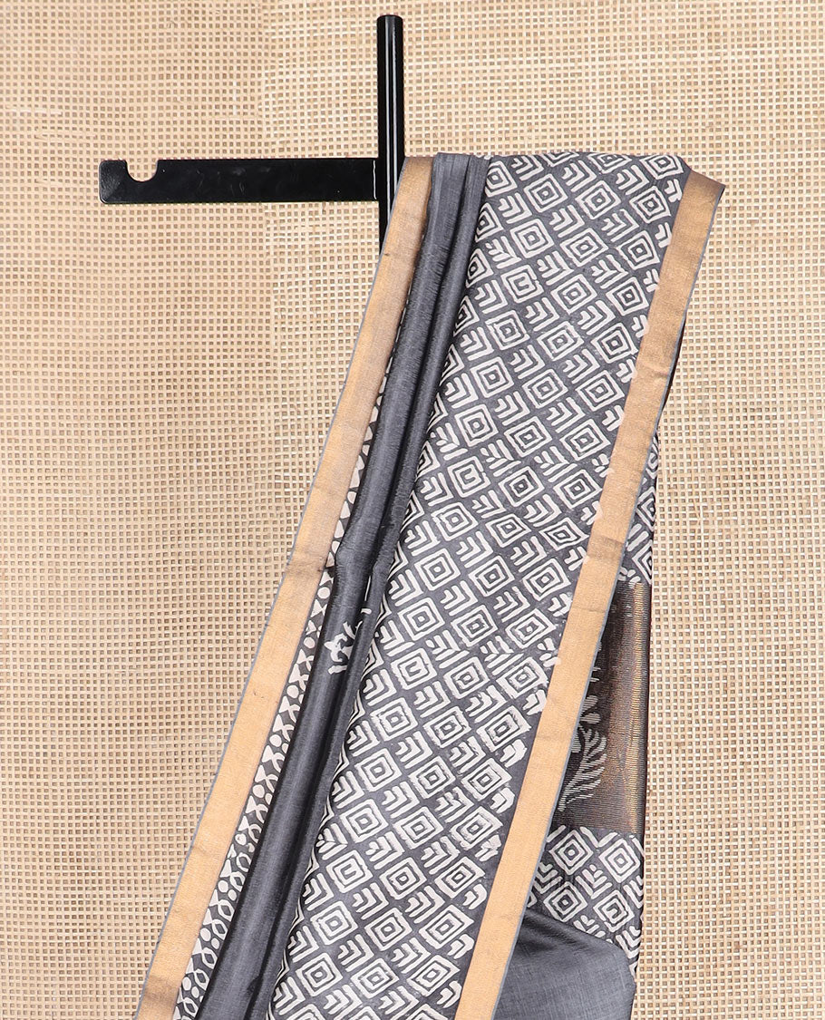 Grey printed banana pith saree, self-border of print, and zari work, and printed pallu