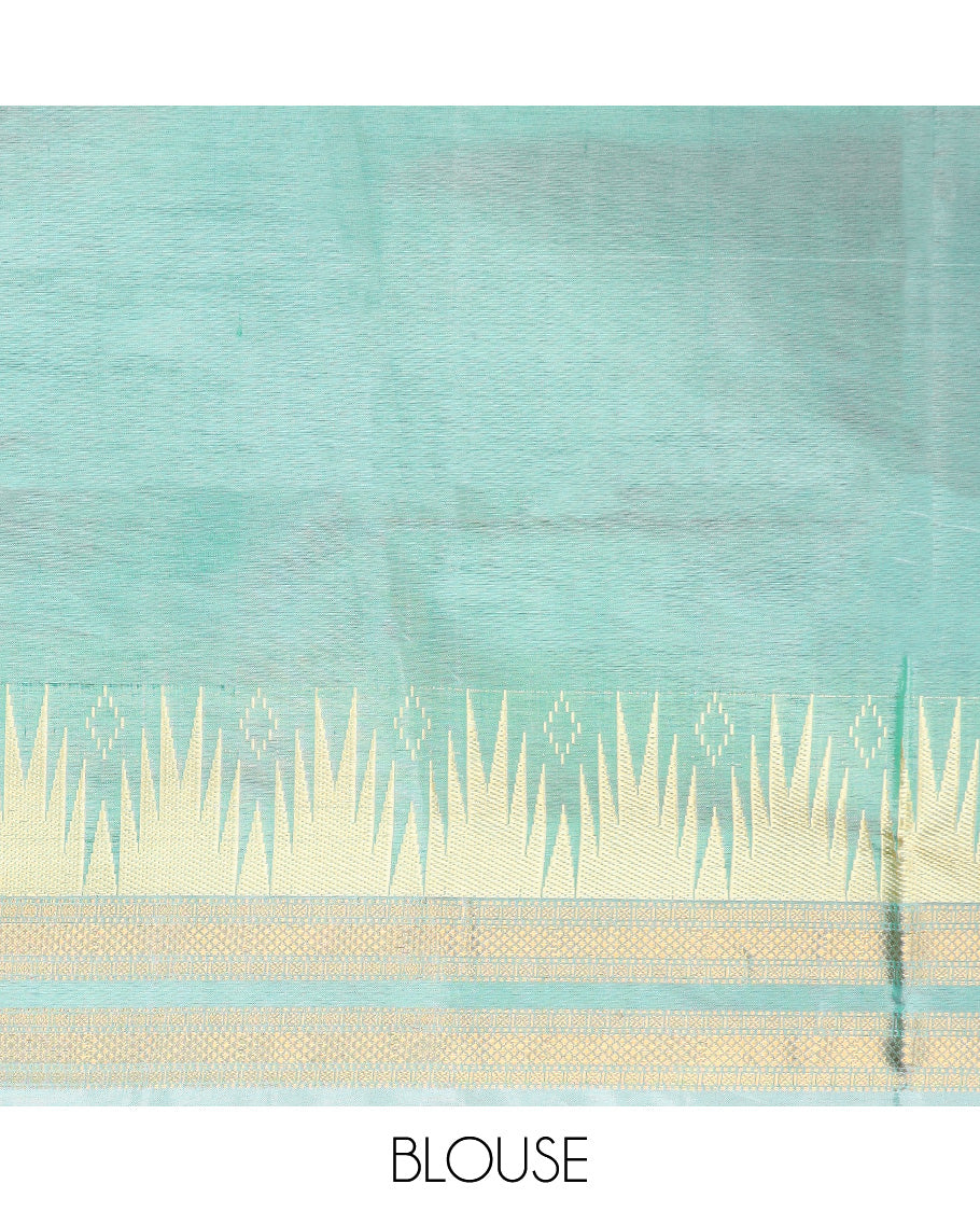 Blue buttas banana pith saree, contrast temple traditional zari border, and contrast striped pallu