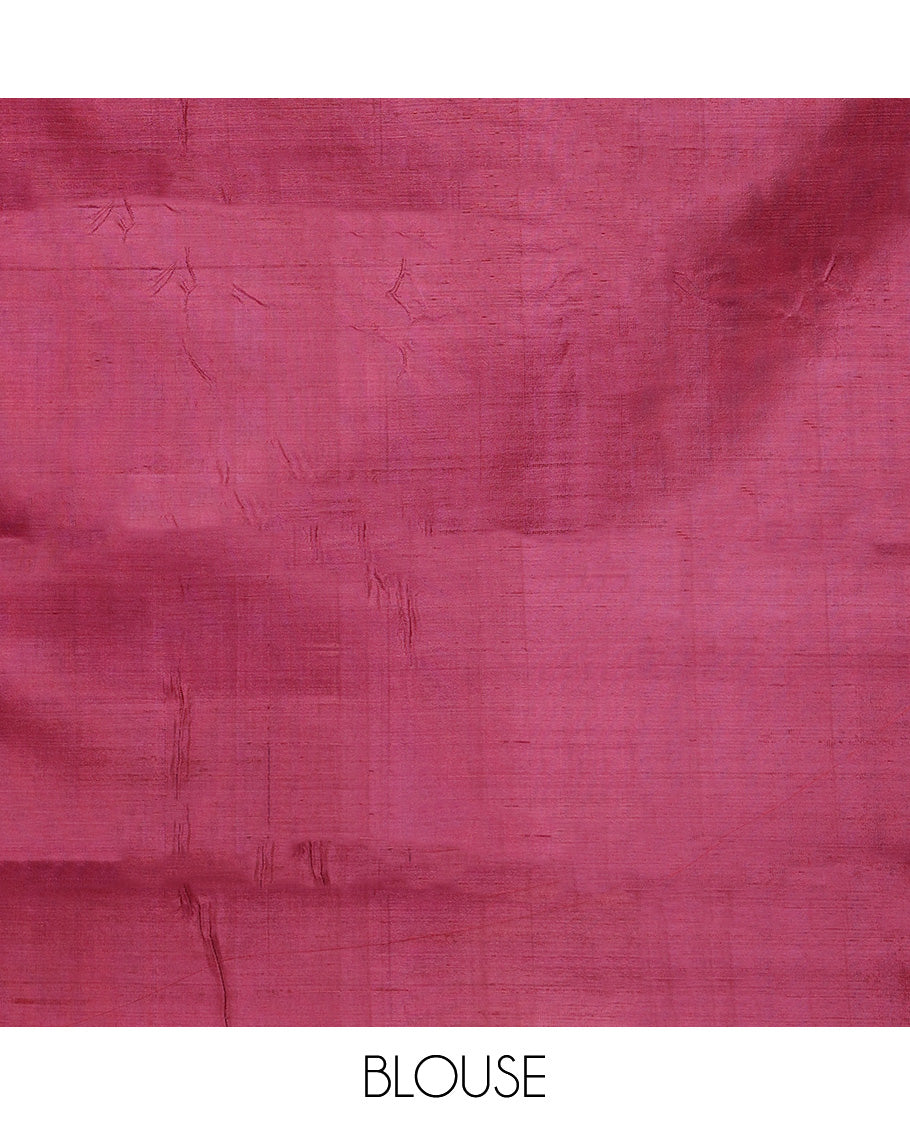 Borderless blue square and temple buttas Banana pith saree, contrast pallu of stripes, and temple designs