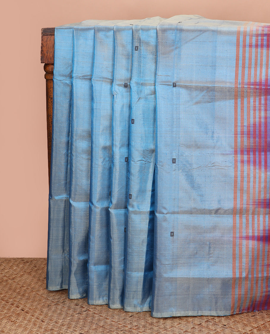 Borderless blue square and temple buttas Banana pith saree, contrast pallu of stripes, and temple designs