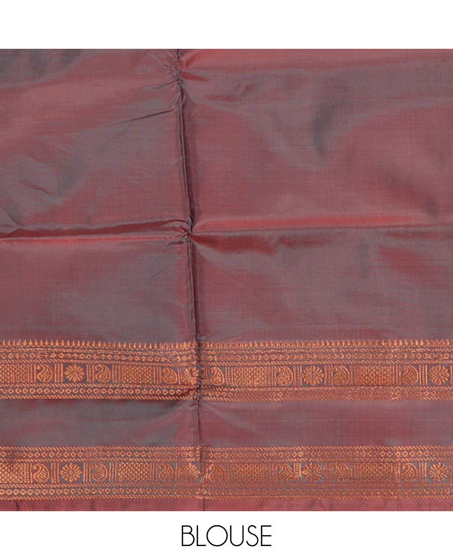 Orange thread buttas banana pith saree, contrast traditional zari border, and contrast pallu of stripes, and buttas