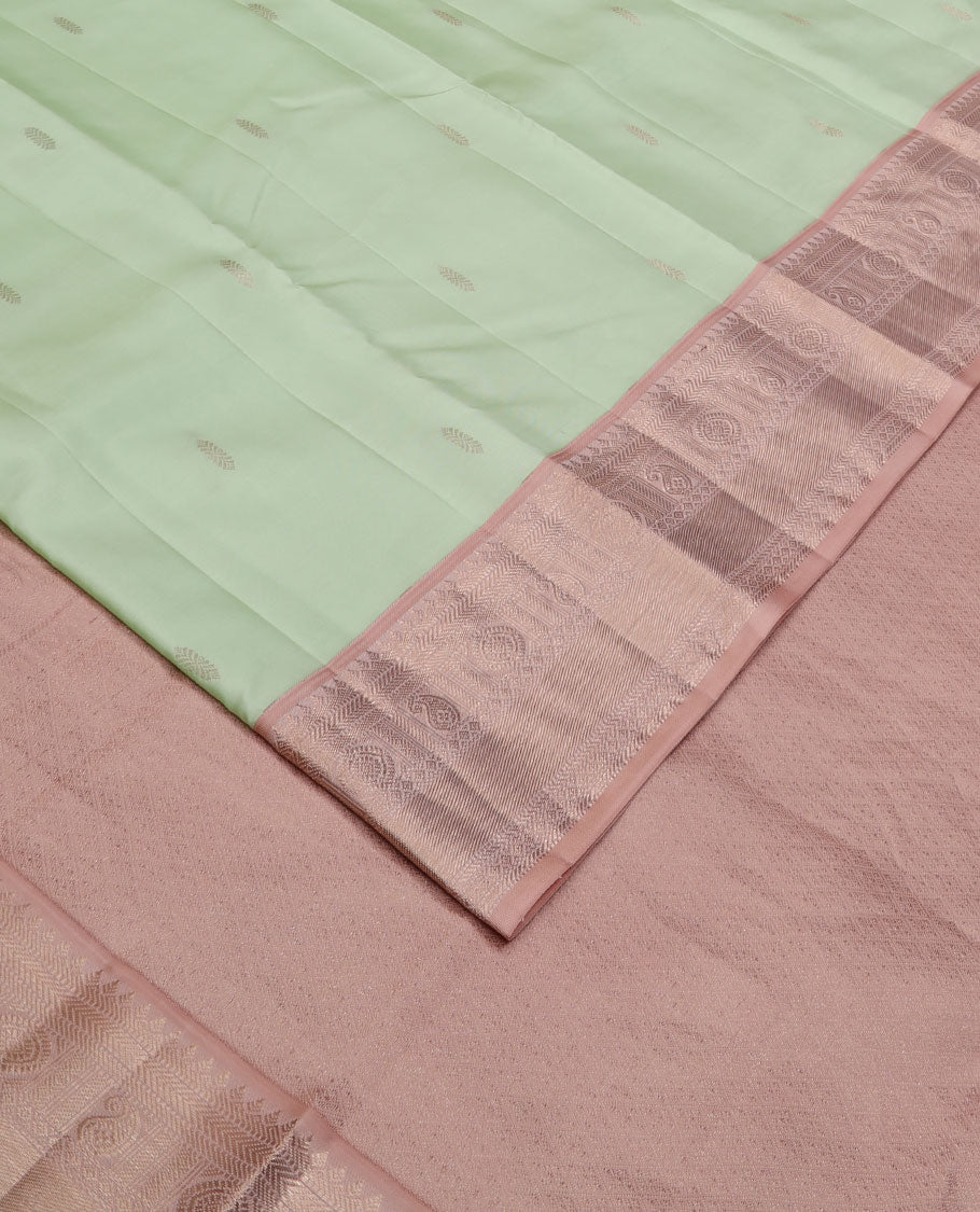 Green zari buttas silk saree, contrast border of thilakam,banaras, manga & chakram designs & pallu of jaal design