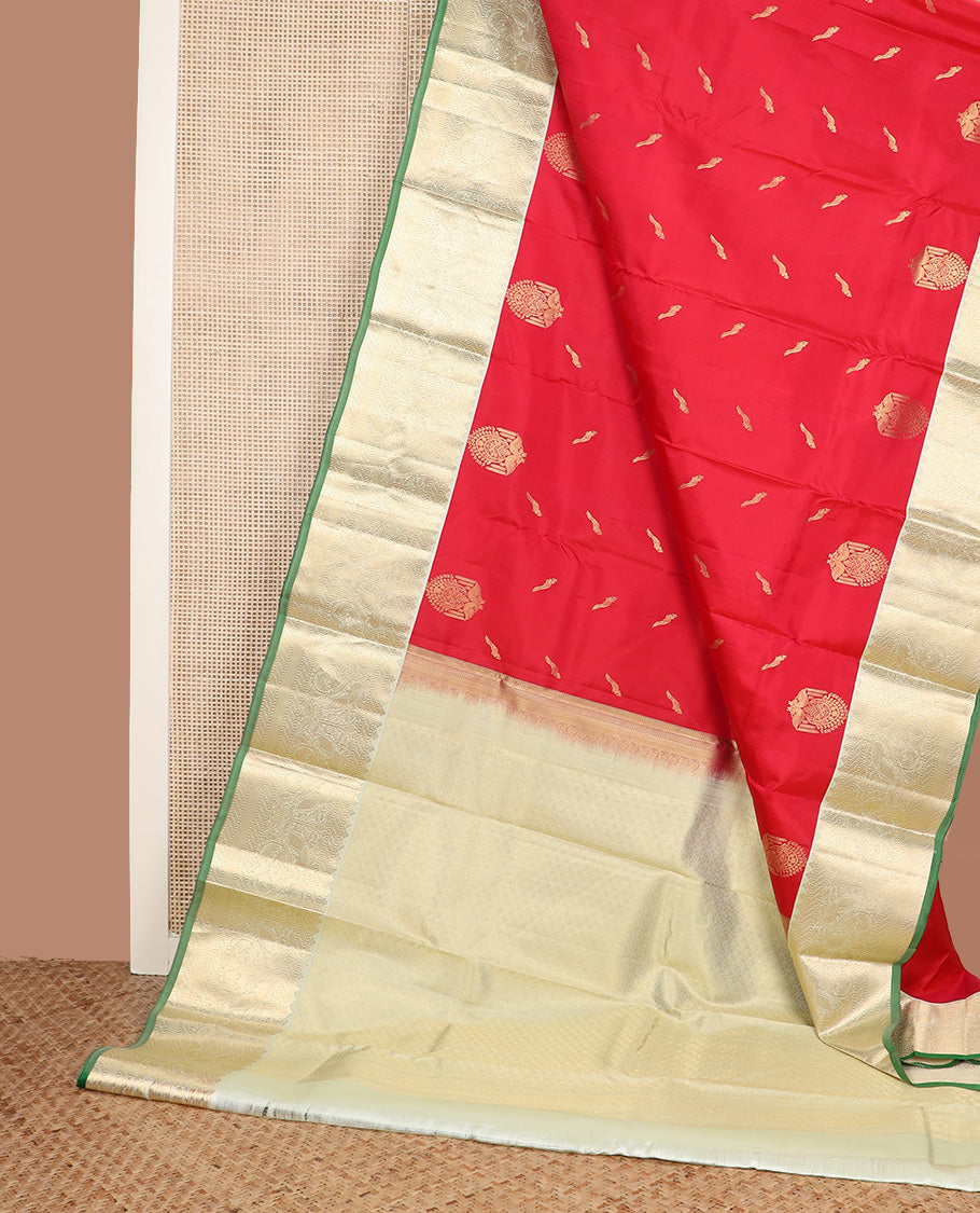 Red bird buttas silk saree, contrast border of puli nagam, mayil, and then kuli kann and jaal pallu