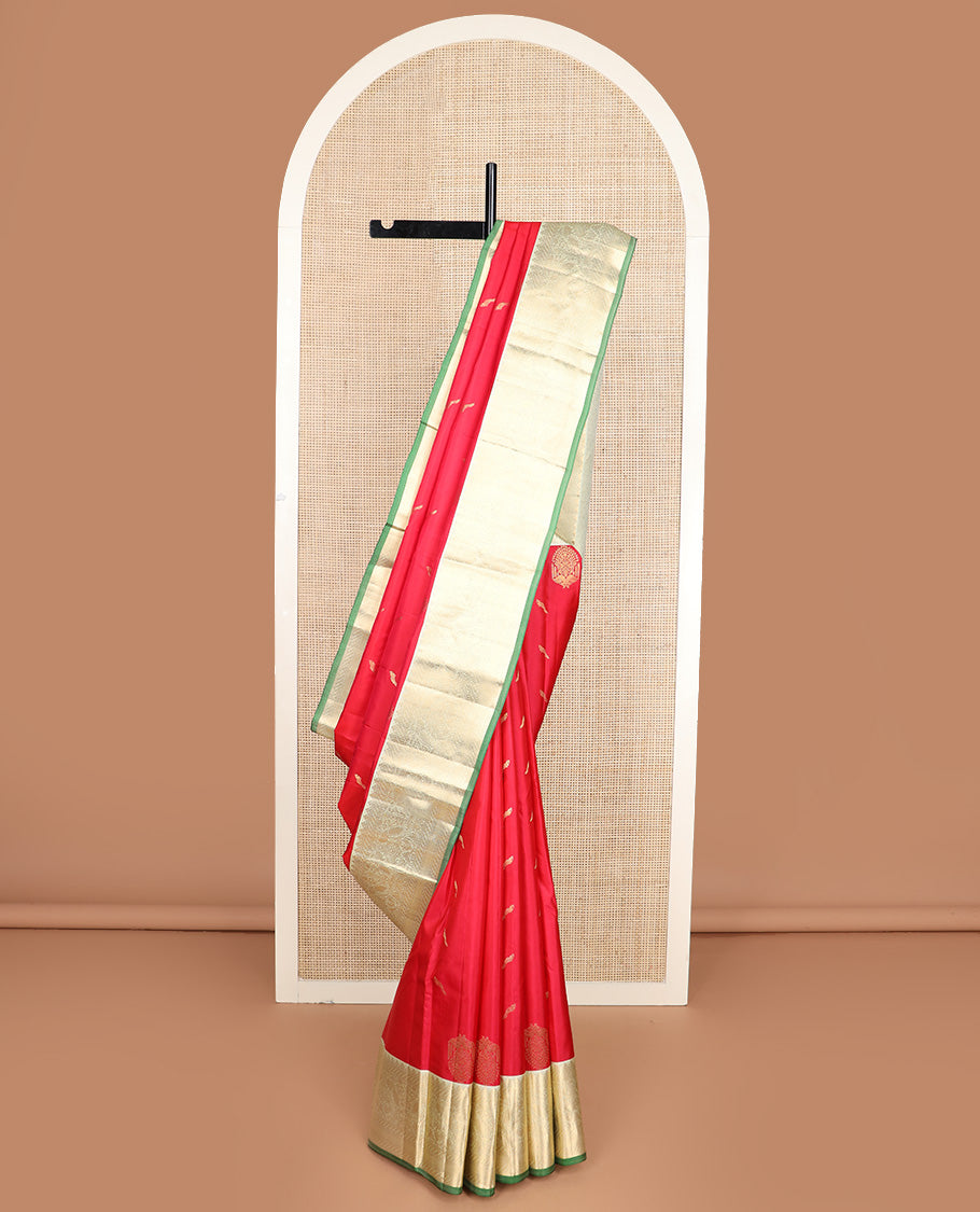Red bird buttas silk saree, contrast border of puli nagam, mayil, and then kuli kann and jaal pallu