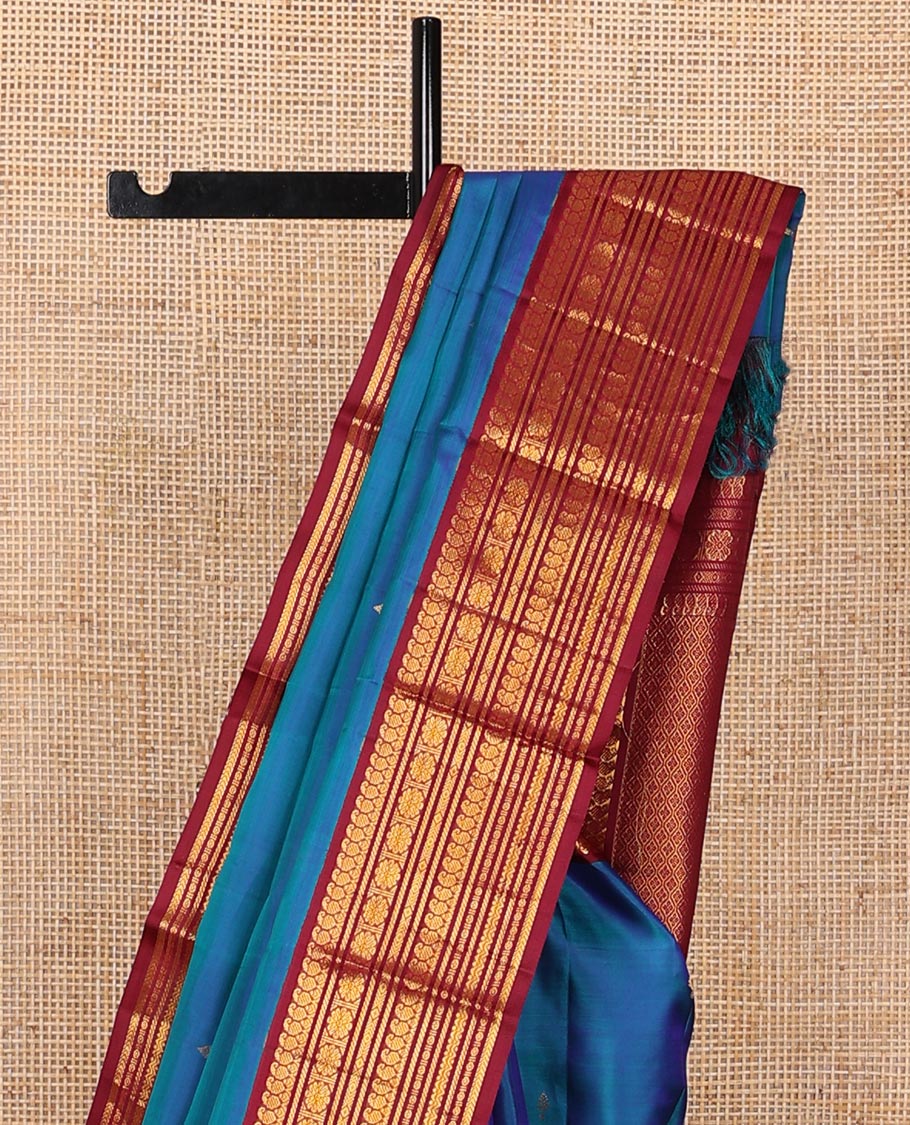 Blue zari buttas silk saree, contrast zari border of manga mokku,banaras,kamalam & rettai neli & zari-rich jaal pallu