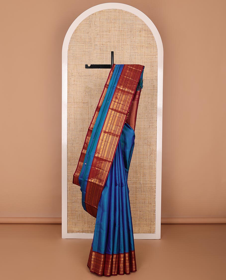 Blue zari buttas silk saree, contrast zari border of manga mokku,banaras,kamalam & rettai neli & zari-rich jaal pallu