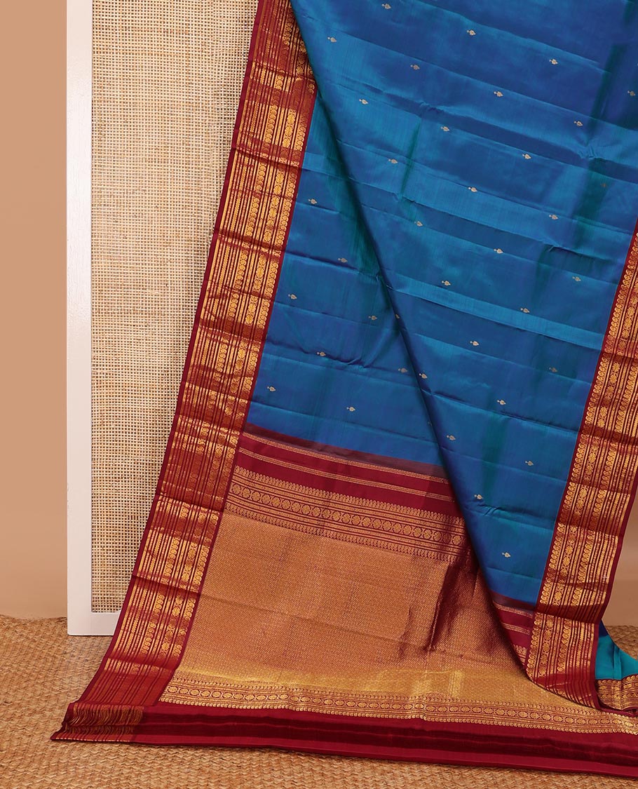 Blue zari buttas silk saree, contrast zari border of manga mokku,banaras,kamalam & rettai neli & zari-rich jaal pallu