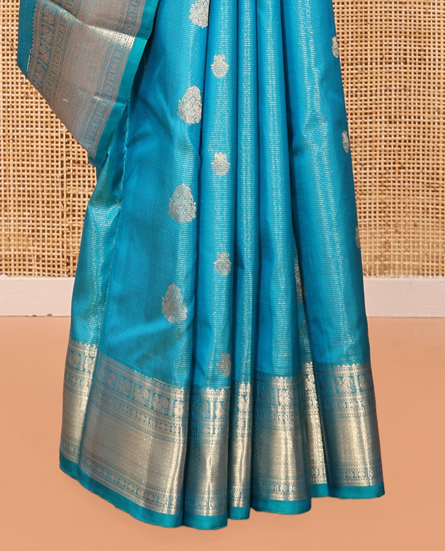 Blue Vasundhara Silk Saree, Woven with Zari Buttas and Vaira Oosi Stripes, a Traditional Zari Border, Grand Pallu, and a Matching Blouse