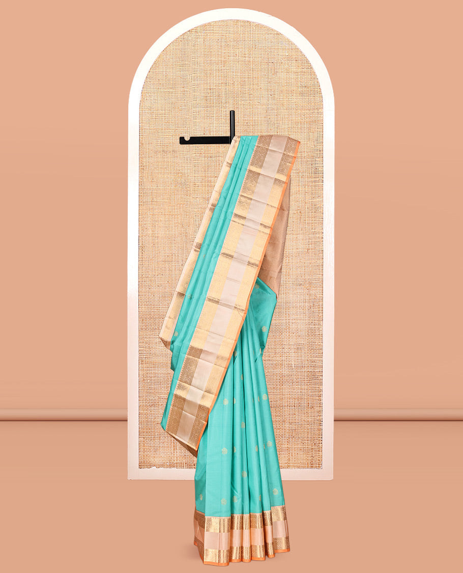 Turquoise Zari Buttas Vasundhara Silk Saree, Delicately Woven with a Contrast Rettai Pettu Border, Grand Pallu, and a Contrast Blouse