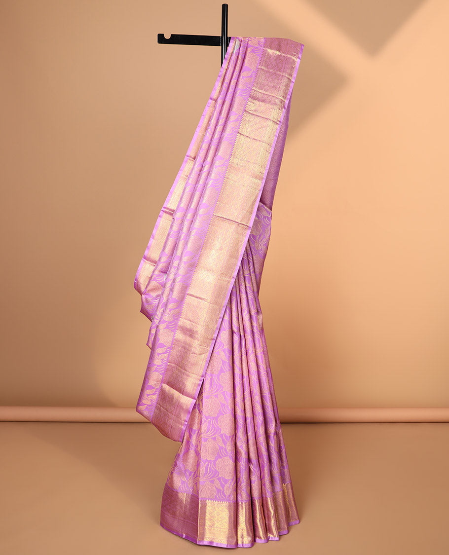 Puprle floral vine design kancheepuram wedding silk saree with contrast zari design border & intricate zari design pallu