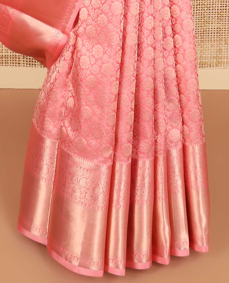 Peach floral jacqaurd kancheepuram silk saree with self intricate zari design border & floral design pallu