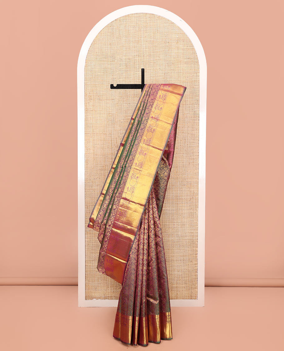 Purple Kanchipuram Wedding Silk Saree, Opulently Embellished with Jacquard Design on Its Body, Highlighted by Zari Border of Rekku, Muthu, and Kodi Visiry Designs, Intricately Designed Pallu and Paired with a Matching Blouse