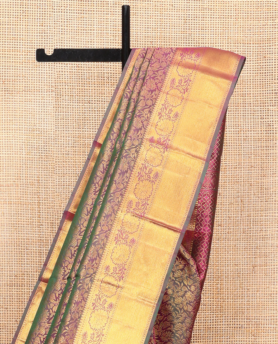 Purple Kanchipuram Wedding Silk Saree, Opulently Embellished with Jacquard Design on Its Body, Highlighted by Zari Border of Rekku, Muthu, and Kodi Visiry Designs, Intricately Designed Pallu and Paired with a Matching Blouse