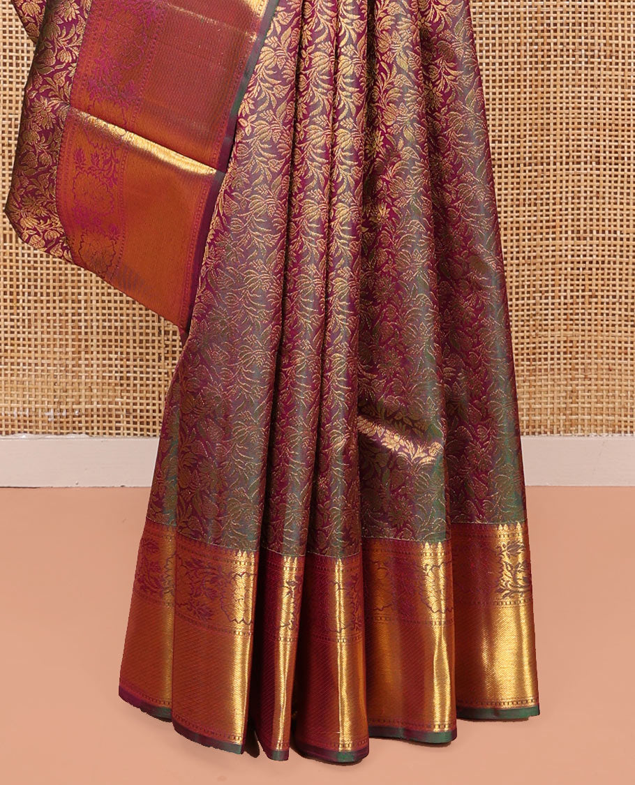 Purple Kanchipuram Wedding Silk Saree, Opulently Embellished with Jacquard Design on Its Body, Highlighted by Zari Border of Rekku, Muthu, and Kodi Visiry Designs, Intricately Designed Pallu and Paired with a Matching Blouse