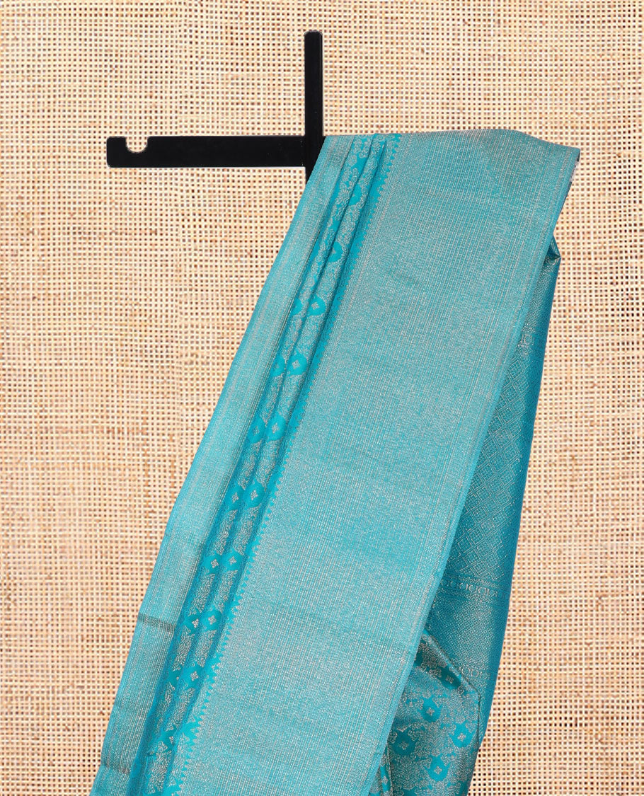 Blue Kanchipuram Wedding Silk Saree, Woven with Jacquard Design, a Zari Border of Traditional Designs, Jaal Pallu, and a Matching Blouse