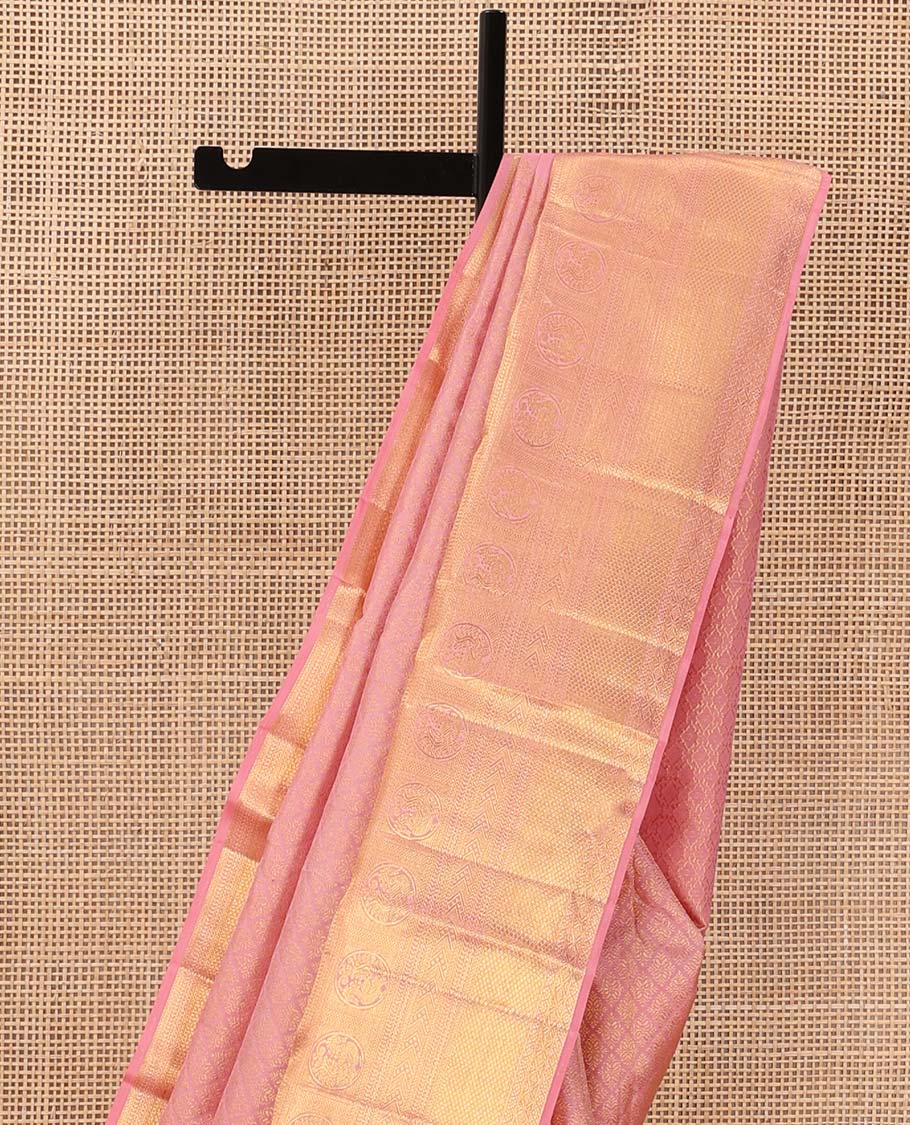 Pink jacquard wedding silk saree, zari border of kathir, vanki, round mayil, and mayil kann, and jaal pallu