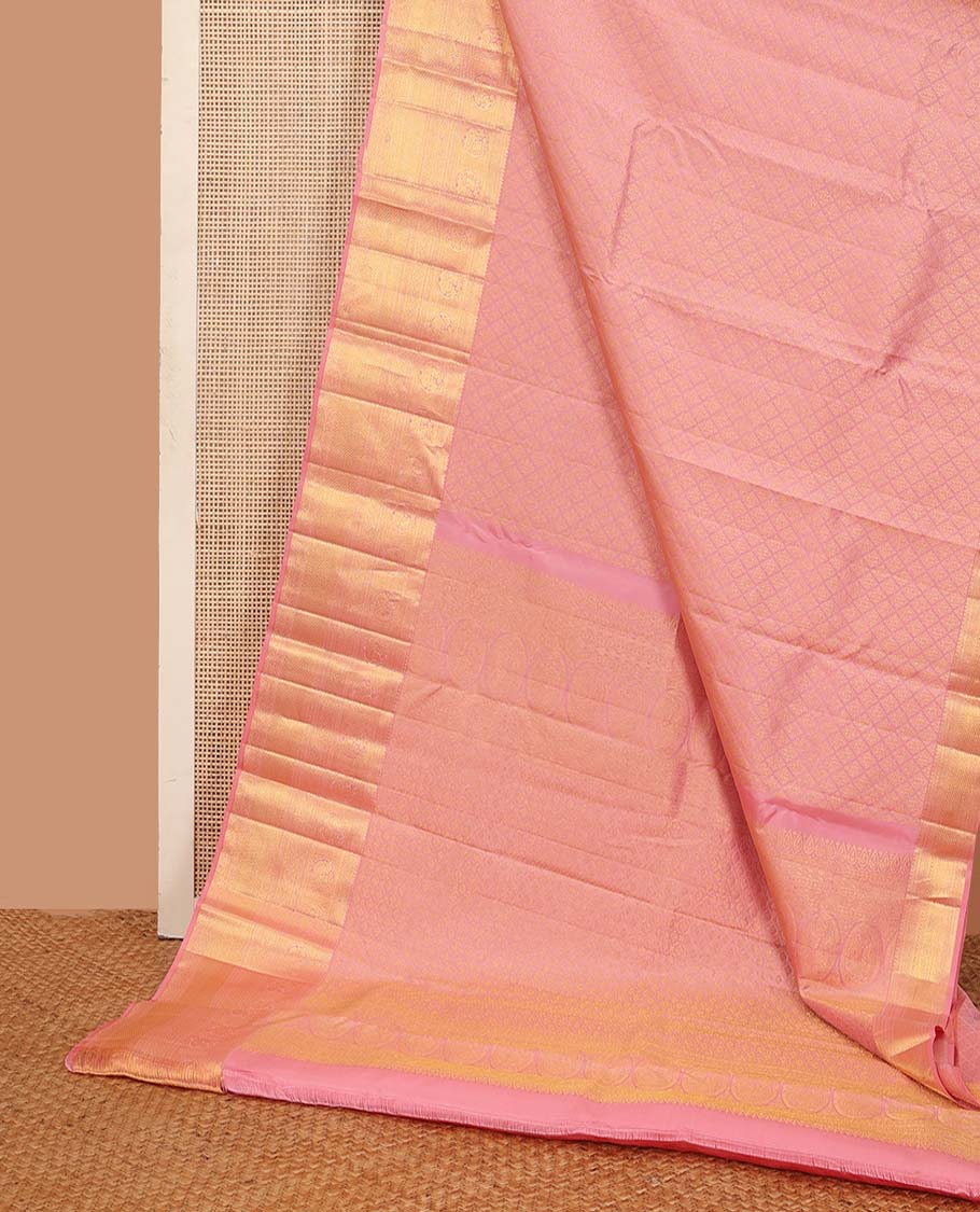 Pink jacquard wedding silk saree, zari border of kathir, vanki, round mayil, and mayil kann, and jaal pallu
