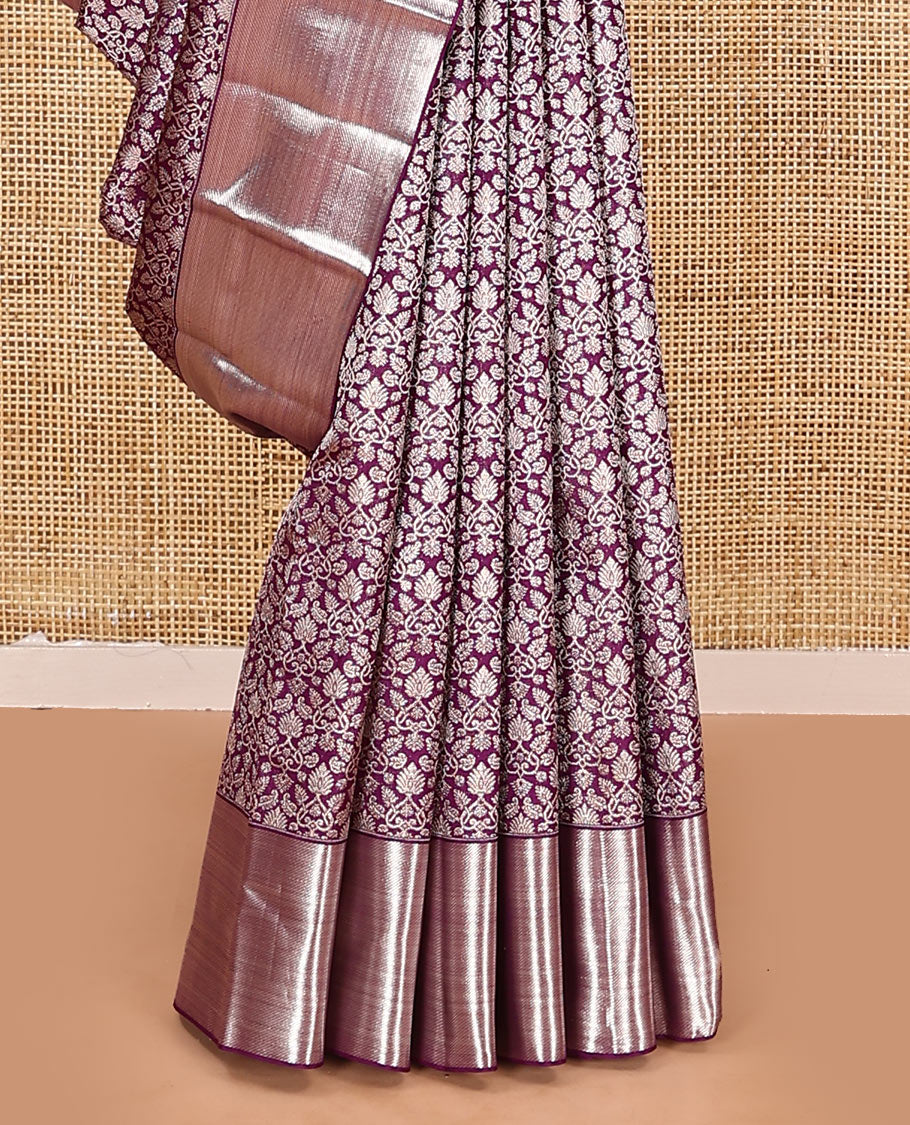 Purple jacquard kanchipuram silk saree, zari border, and zari-rich pallu of vanki designs
