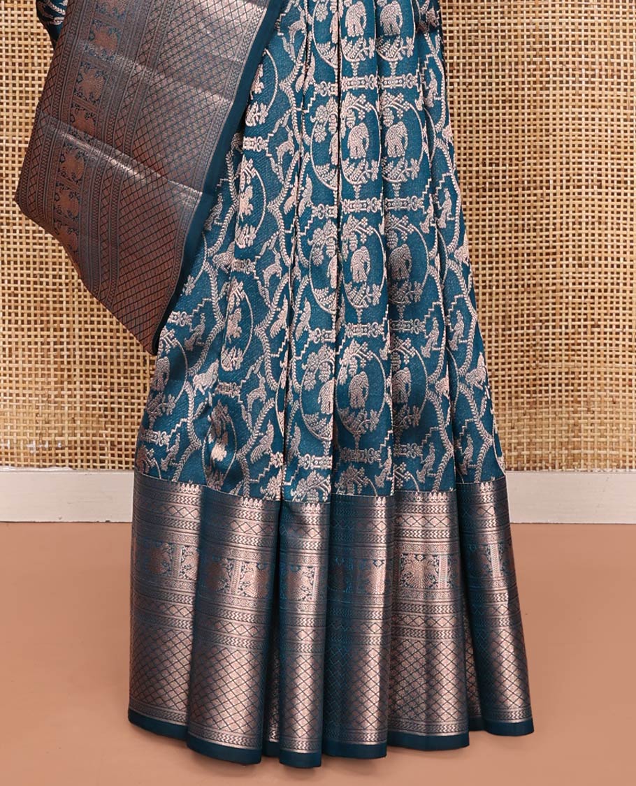 Blue Kanchipuram Wedding Silk Saree, Gracefully Embellished with Jacquard Design on Its Body, Highlighted by Zari Border of Thilakam Mokku, Vanki, Jaal, and Yaali Designs, Grand Jaal Pallu, and Paired with a Matching Blouse