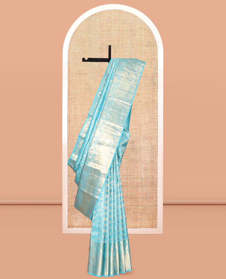Blue Kanchipuram Wedding Silk Saree, Embellished with Jacquard Design, a Zari Border of Kodi Visiry Designs, Intricately Designed Pallu, and a Matching Blouse