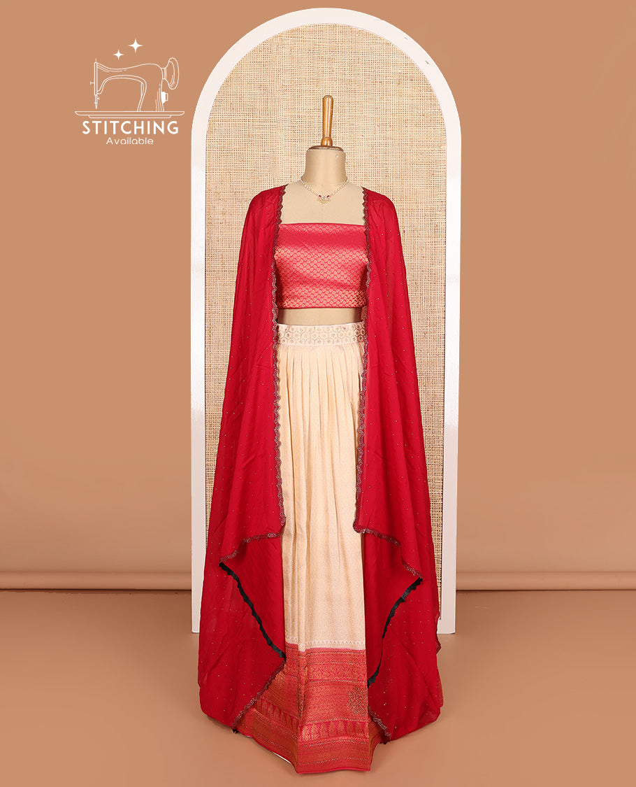 Sandal art silk half-saree, brocade with contrast traditional border skirt, contrast red brocade blouse, scallop stone work dhavani, and detachable belt