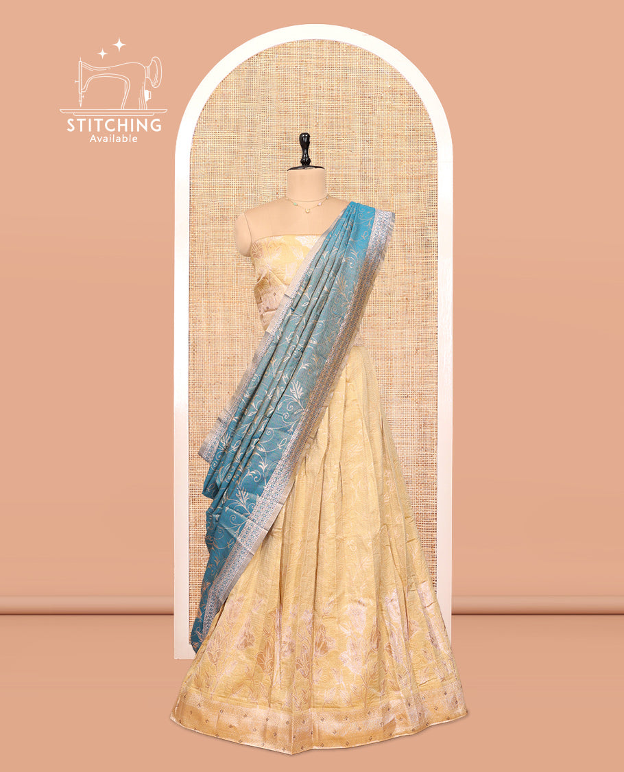 Sandal-Blue Banarasi Half-Saree Features Floral Vine Design Skirt, a Self-Border, a Matching Blouse, and a Contrast Floral Vine Dhavani