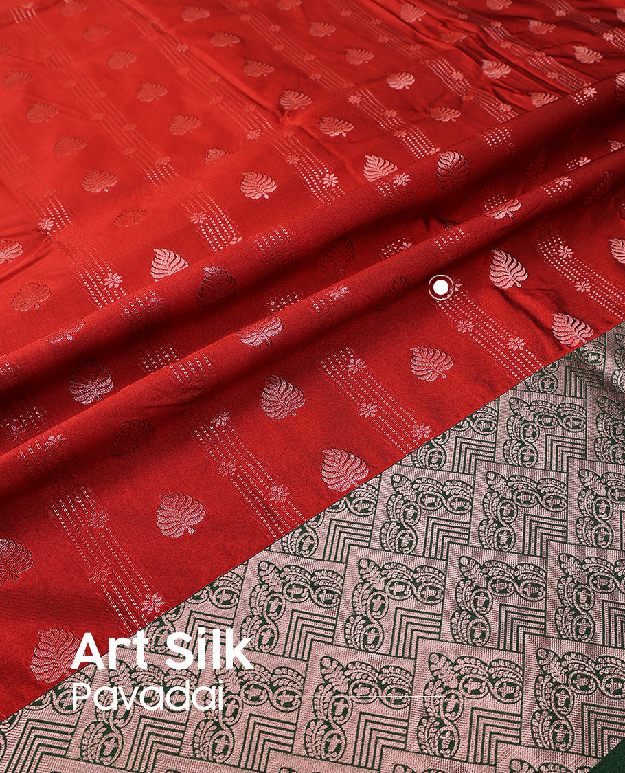 Cherry red silk pavadai set, zari design with contrast jaal zari bordered skirt and a contrast zari border blouse