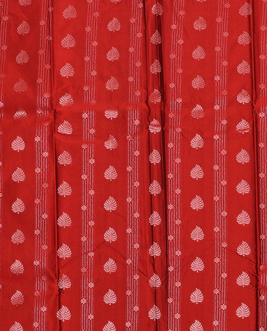 Cherry red silk pavadai set, zari design with contrast jaal zari bordered skirt and a contrast zari border blouse