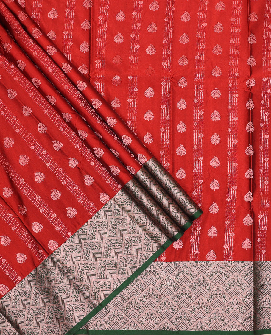 Cherry red silk pavadai set, zari design with contrast jaal zari bordered skirt and a contrast zari border blouse