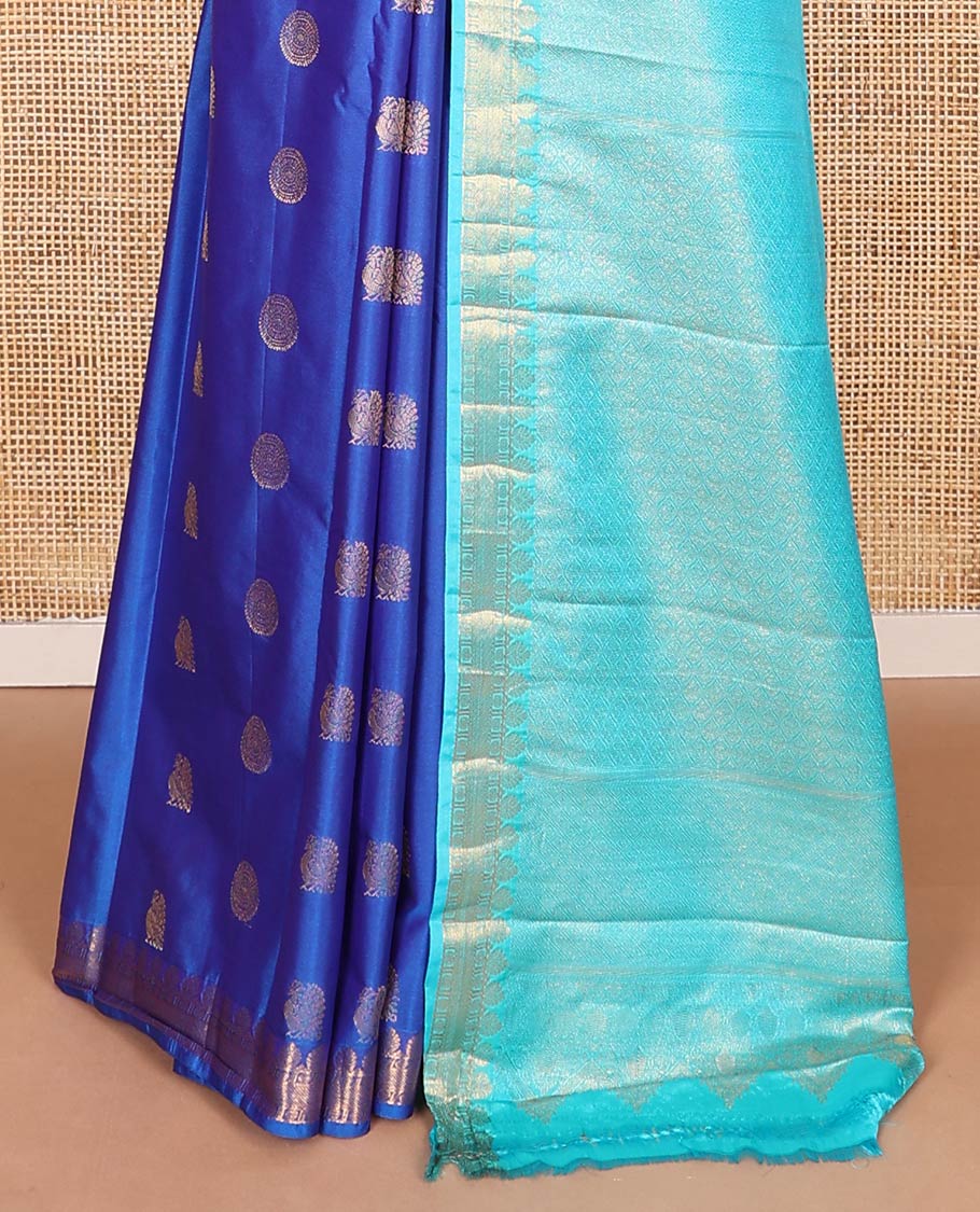 Blue peacock chakram buttas budget silk saree, traditional zari design border, and contrast ogee patterned pallu