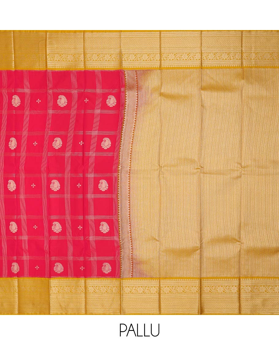Red zari butta enclosed checked gift saree, contrast traditional zari design border, and jaal pallu