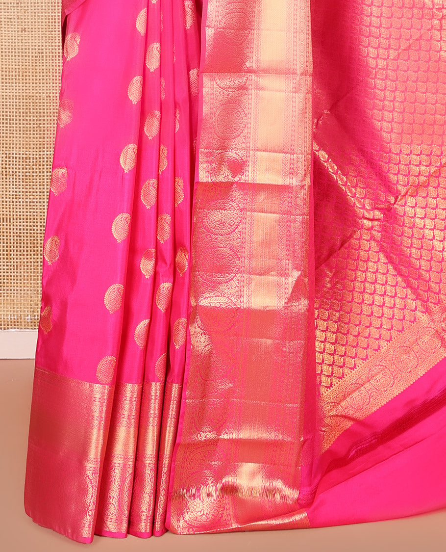 Pink Budget Silk Saree Bedecked with Paisley Buttas All Over Its Body, Highlighted by a Traditional Zari Design Border, Grand Pallu of Jaal Designs, and Paired with a Matching Blouse