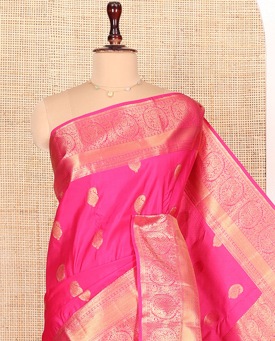 Pink Budget Silk Saree Bedecked with Paisley Buttas All Over Its Body, Highlighted by a Traditional Zari Design Border, Grand Pallu of Jaal Designs, and Paired with a Matching Blouse