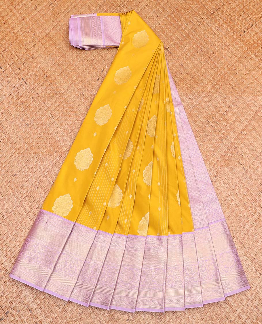 Yellow Budget Silk Saree, Subtly Sparkled with Zari Buttas All Over Its Body, Complemented by a Contrast Traditional Zari Design Border, Grand Jaal Pallu, and Paired with a Contrast Blouse
