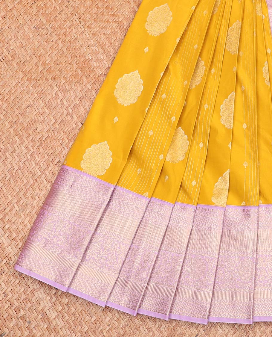 Yellow Budget Silk Saree, Subtly Sparkled with Zari Buttas All Over Its Body, Complemented by a Contrast Traditional Zari Design Border, Grand Jaal Pallu, and Paired with a Contrast Blouse