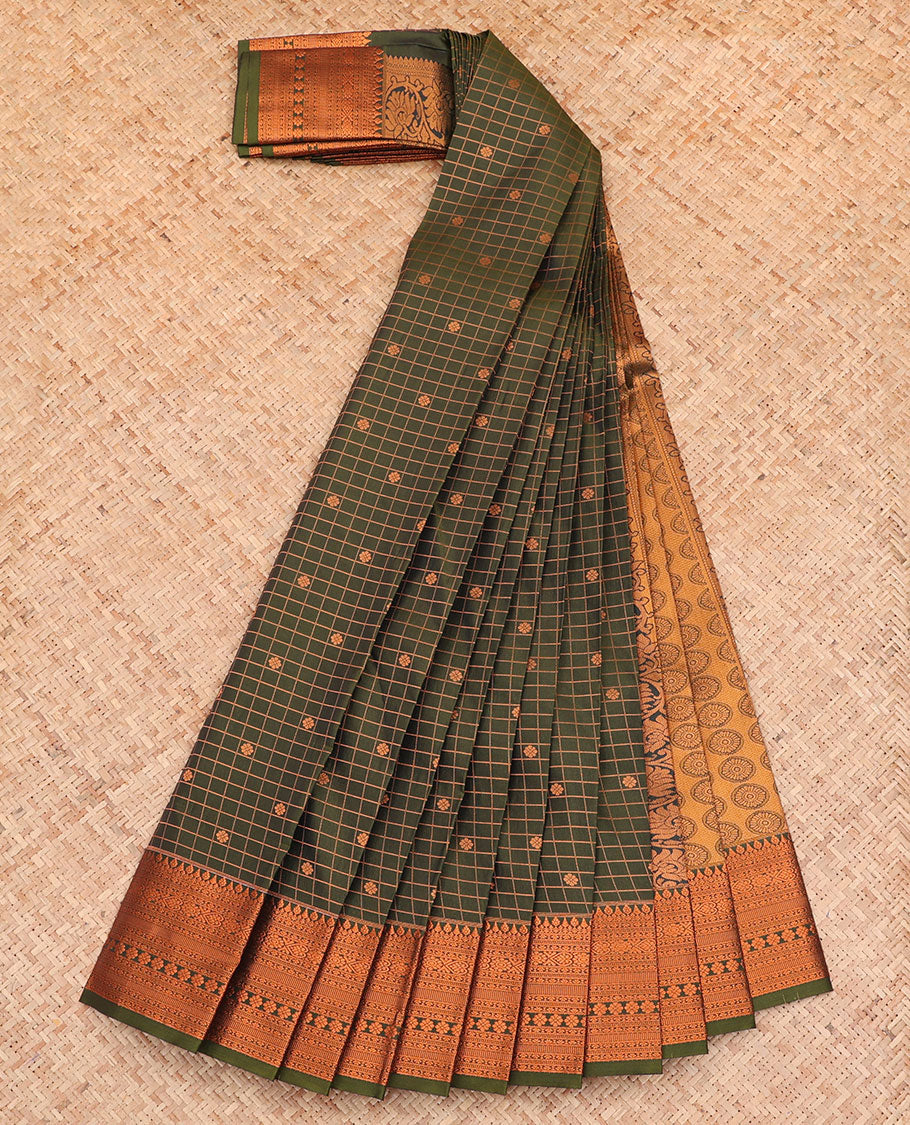 Olive Green Budget Silk Saree, Accentuated with Zari Buttas and Checks All Over Its Body, Highlighted by a Traditional Zari Design Border, Grand Pallu, and Paired with a Matching Blouse