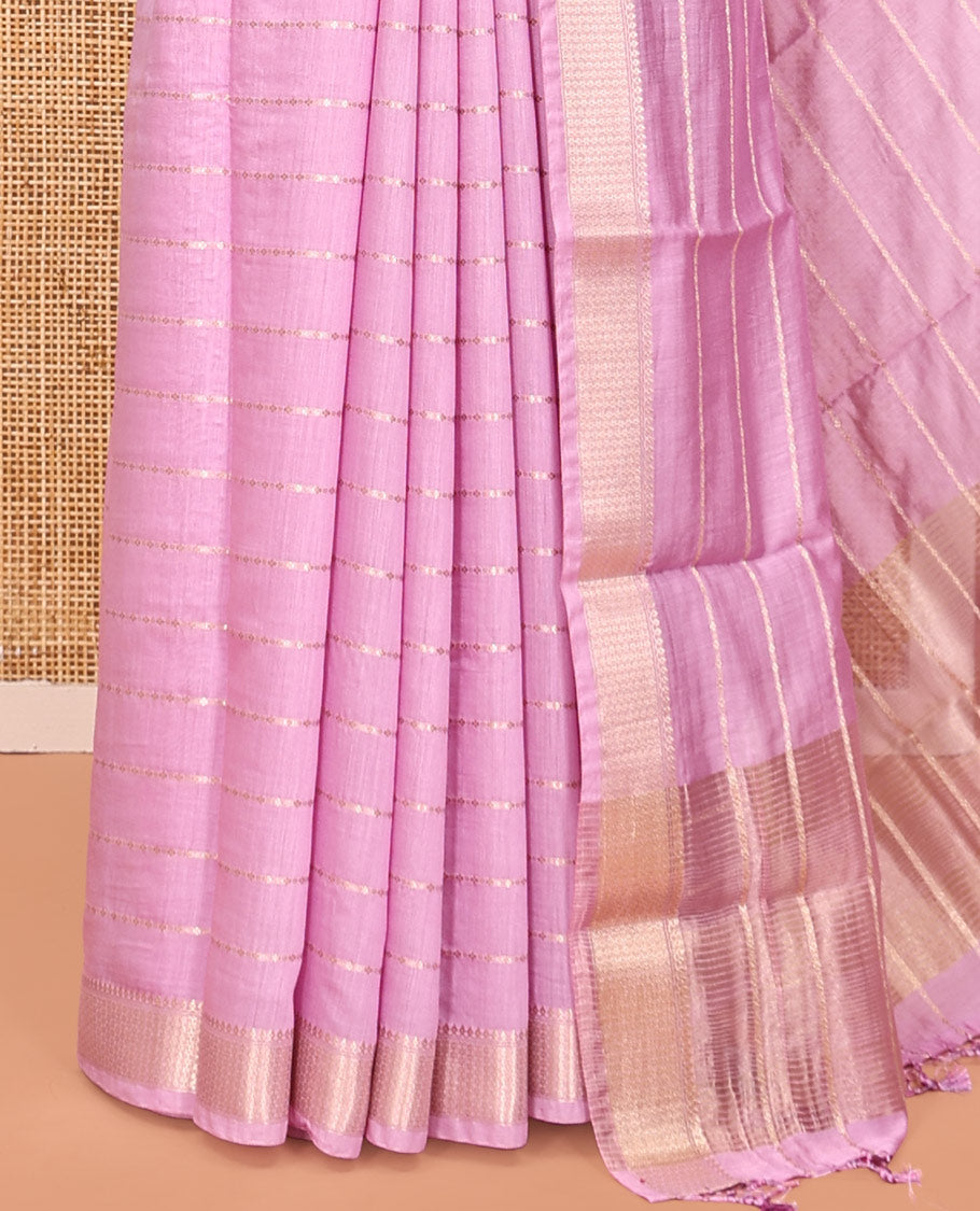 Pink Assam Silk Saree, Woven with Zari Stripes, Highlighted by a Traditional Border, a Gleaming Striped Pallu, and a Matching Blouse