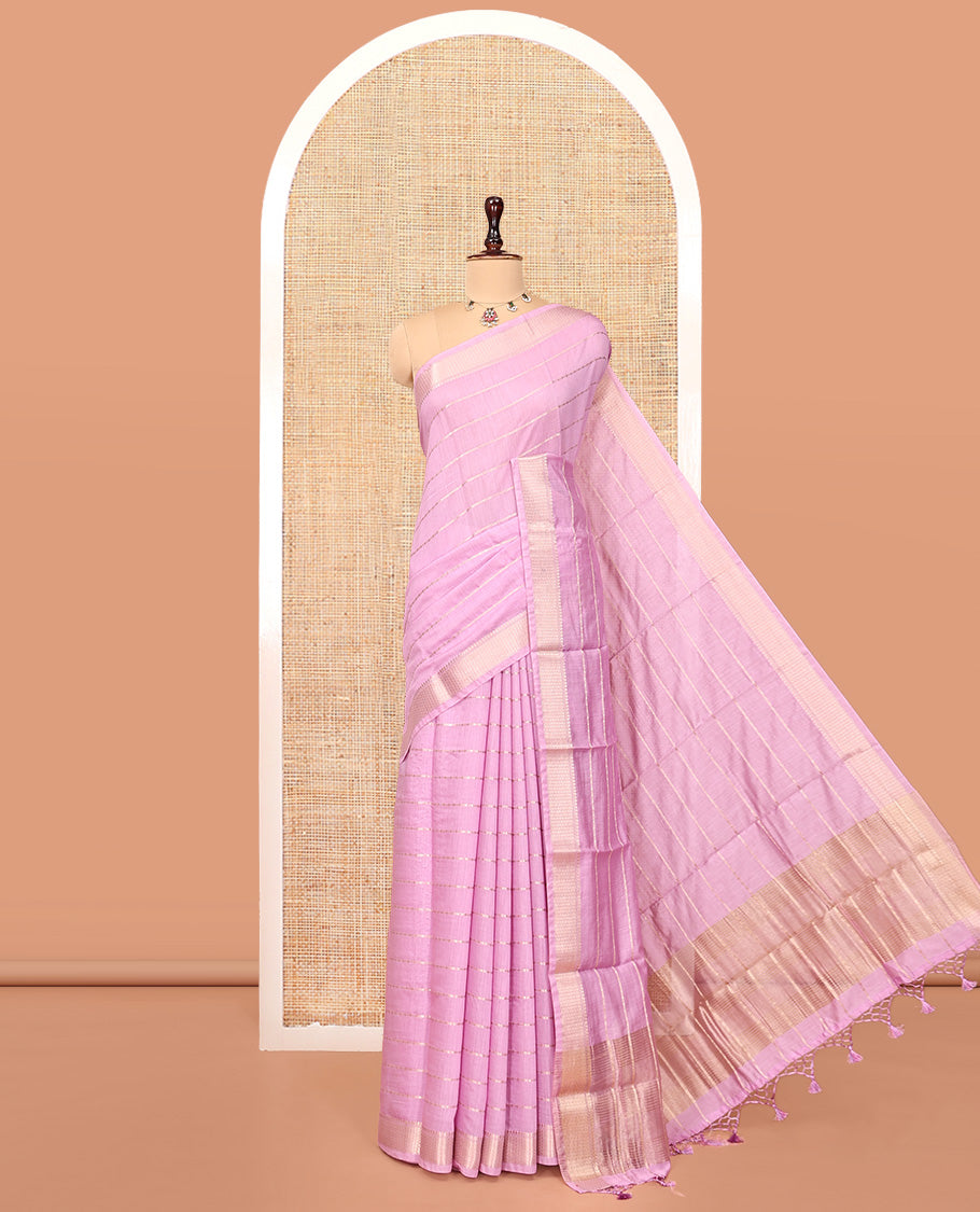 Pink Assam Silk Saree, Woven with Zari Stripes, Highlighted by a Traditional Border, a Gleaming Striped Pallu, and a Matching Blouse