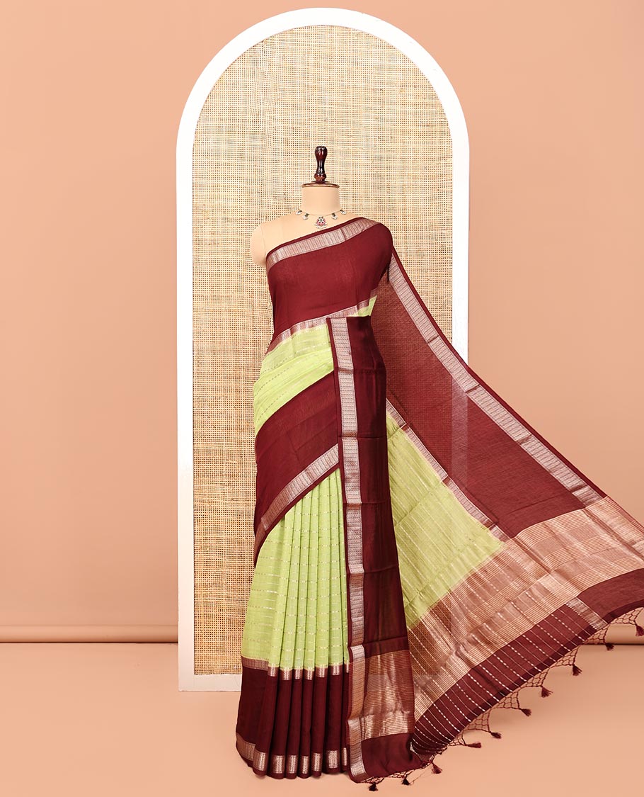 Green Assam Silk Saree, Delicately Woven with Stripes, Complemented by a Contrast Traditional Border, Zari-Striped Pallu, and a Contrast Blouse
