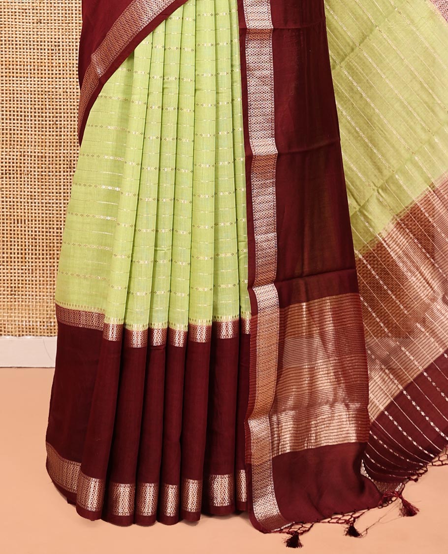 Green Assam Silk Saree, Delicately Woven with Stripes, Complemented by a Contrast Traditional Border, Zari-Striped Pallu, and a Contrast Blouse