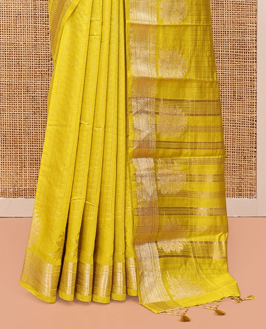 Yellow Assam Silk Saree, Detailed with Zari Checks, Highlighted by a Traditional Zari Border, Zari-Striped Pallu, and a Matching Blouse