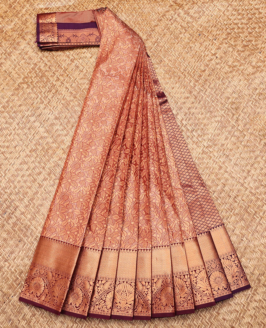 Pale Brown Budget Silk Saree, Detailed with Jacquard, Complemented by Contrast Paisley Zari Border, Grand Jaal Pallu, and a Contrast Blouse