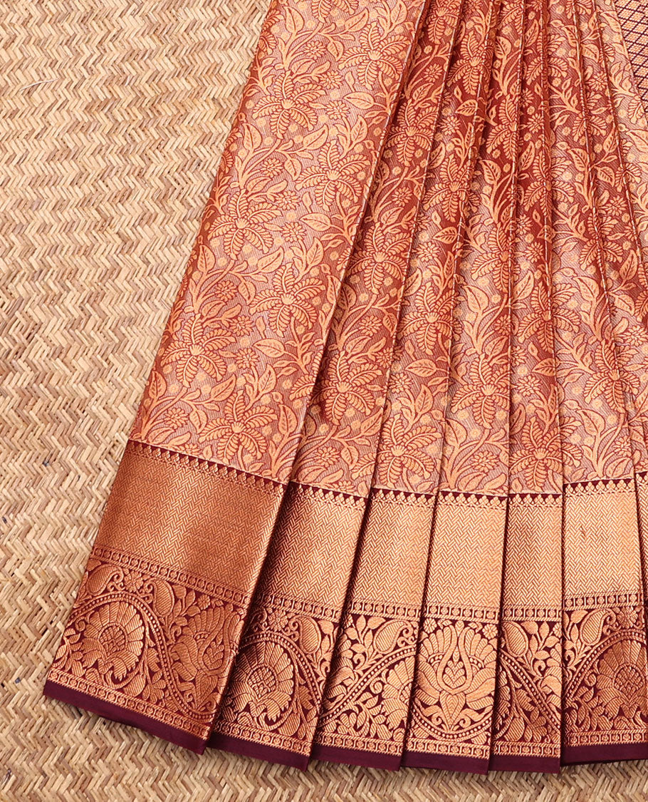 Pale Brown Budget Silk Saree, Detailed with Jacquard, Complemented by Contrast Paisley Zari Border, Grand Jaal Pallu, and a Contrast Blouse