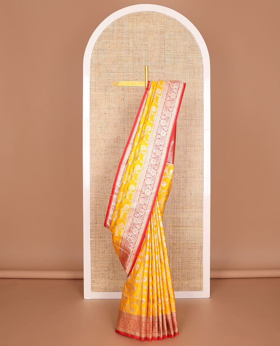 Orange floral jaal design semi banaras nylon saree with self floral zari design border & floral design pallu