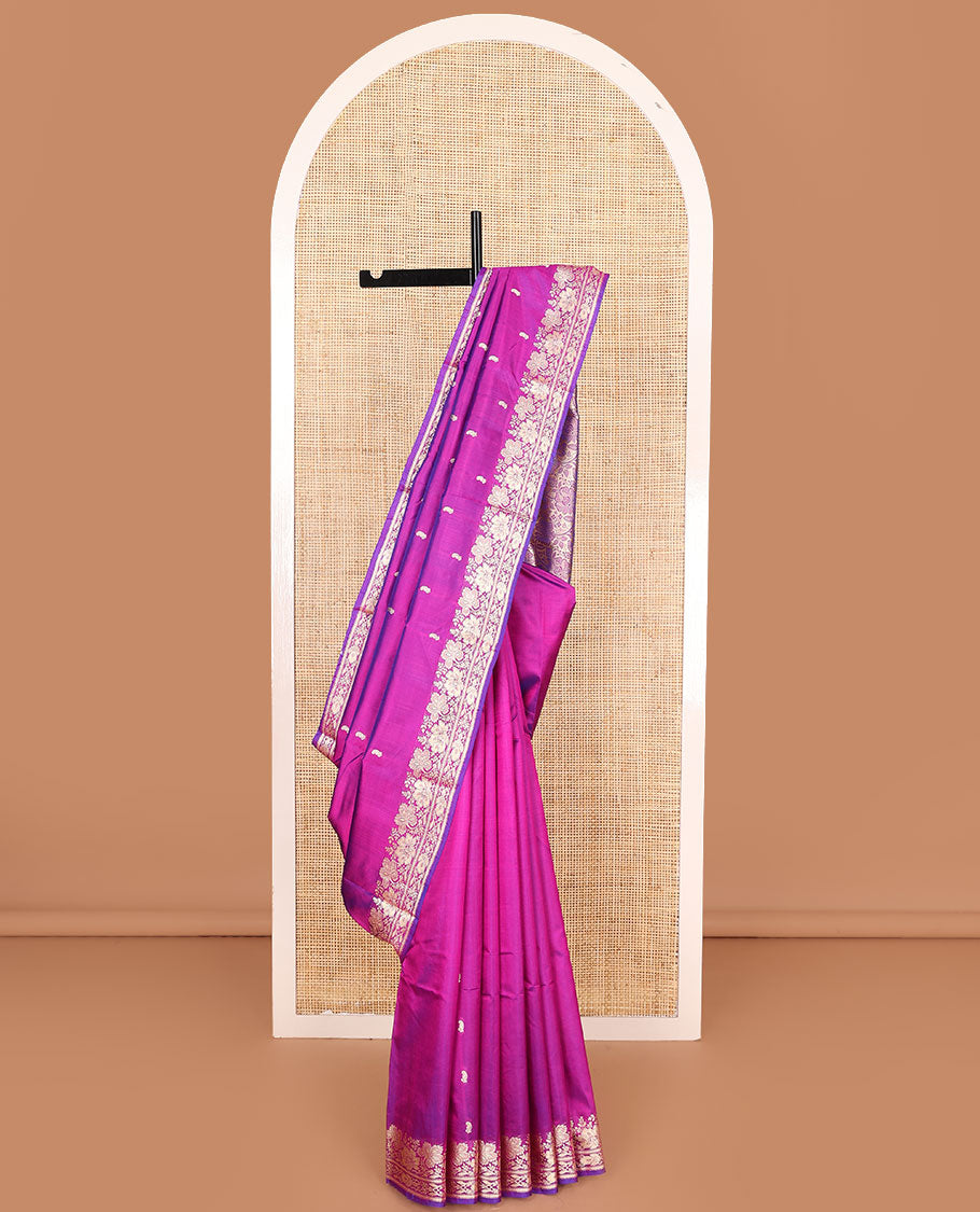 Pink paisley buttas woven banarasi kathan silk saree, floral creeper zari border, and floral jaal pallu