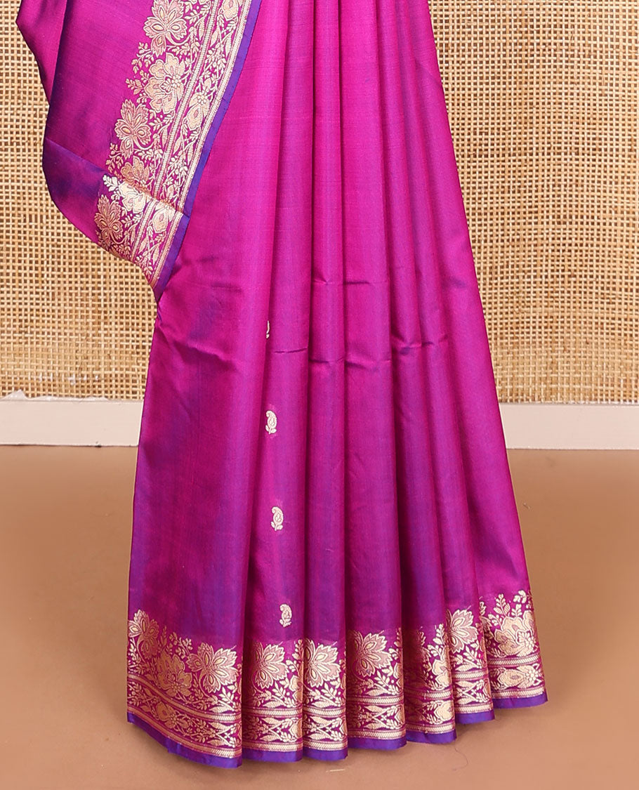 Pink paisley buttas woven banarasi kathan silk saree, floral creeper zari border, and floral jaal pallu