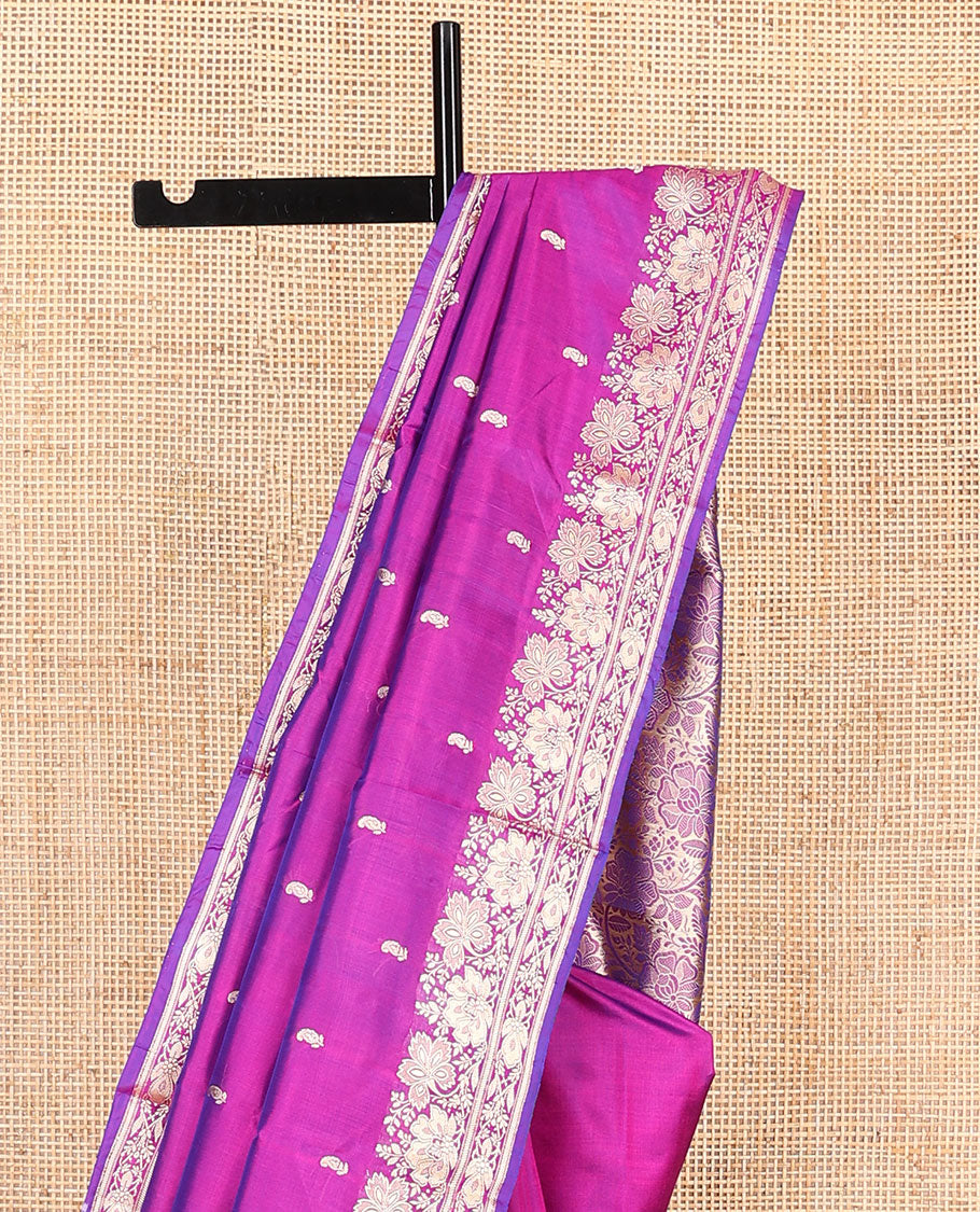 Pink paisley buttas woven banarasi kathan silk saree, floral creeper zari border, and floral jaal pallu