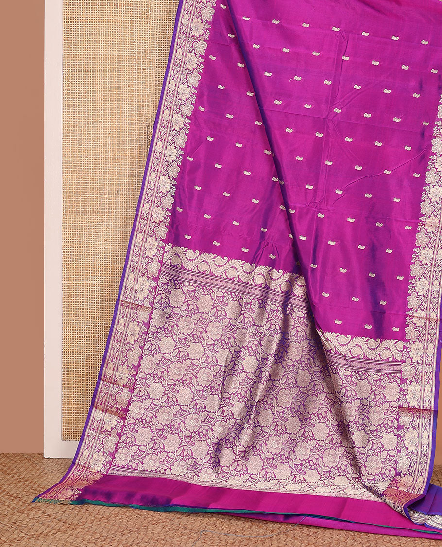 Pink paisley buttas woven banarasi kathan silk saree, floral creeper zari border, and floral jaal pallu