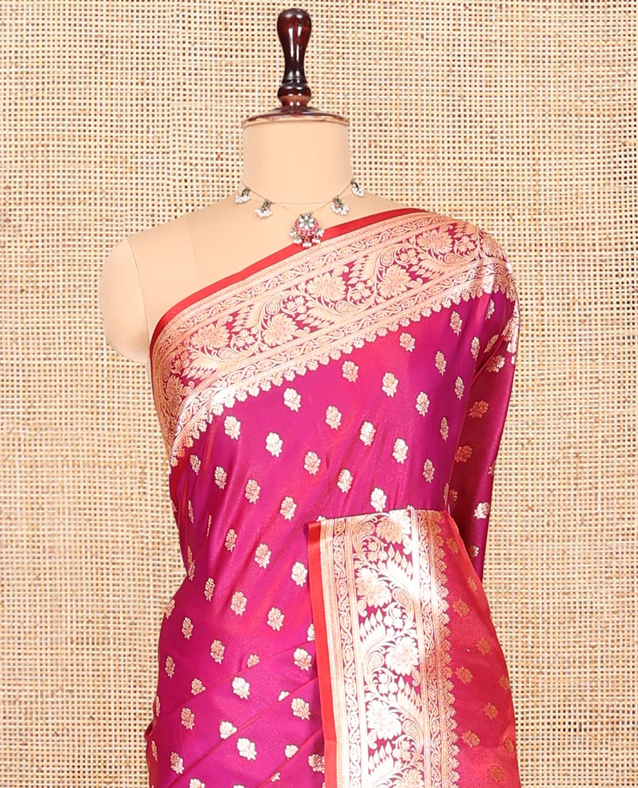 Magenta Banarasi Nylon Saree, Enthralled with Buttas, Floral Creeper Zari Border, Intricate Pallu, and a Contrast Blouse