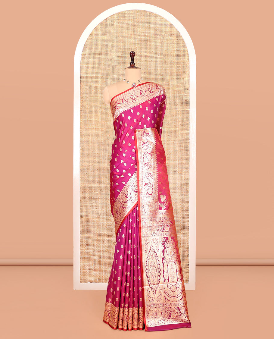 Magenta Banarasi Nylon Saree, Enthralled with Buttas, Floral Creeper Zari Border, Intricate Pallu, and a Contrast Blouse